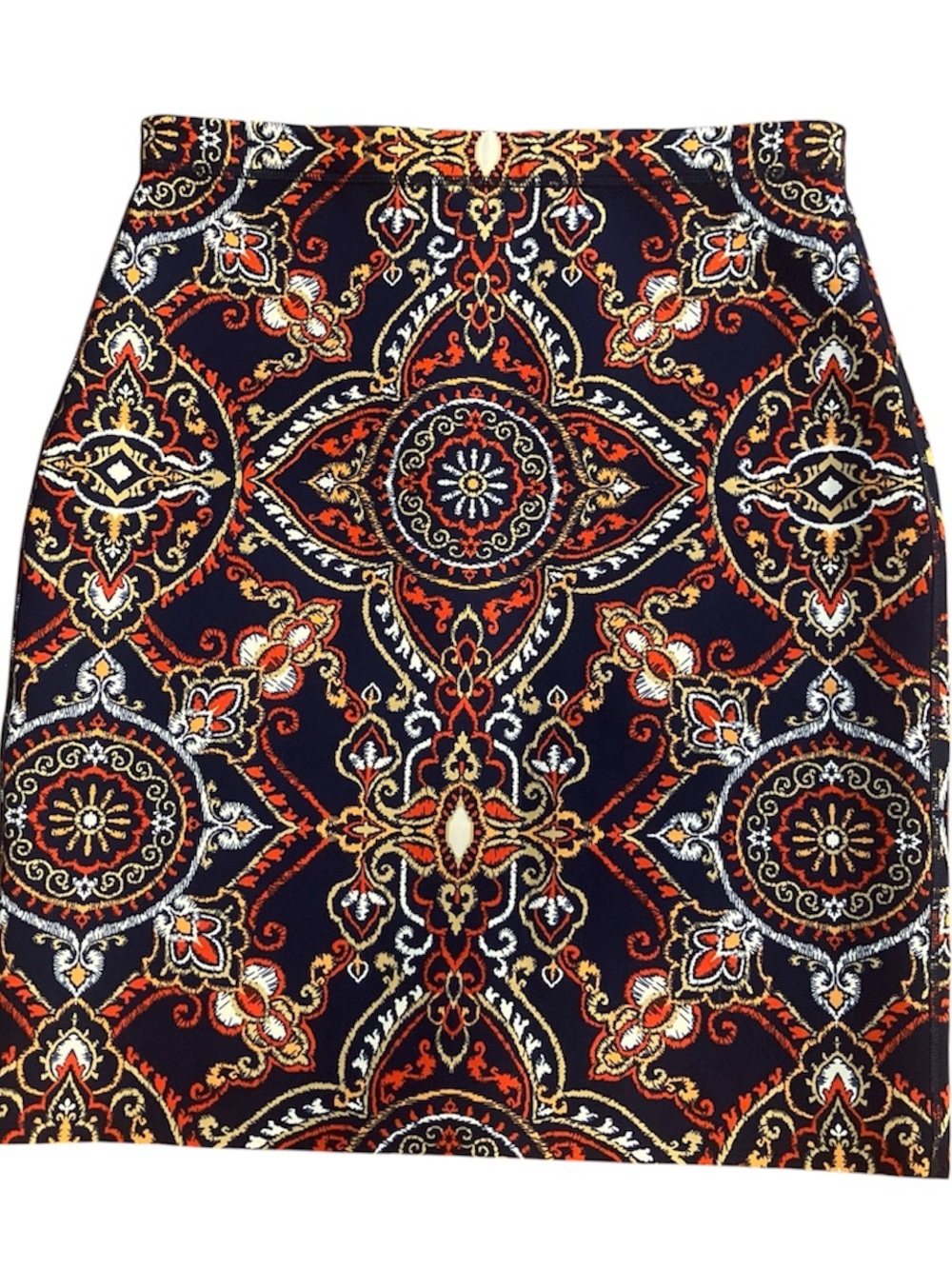 J. McLaughlin Reversible Navy, Red and Gold Medallion Pencil Skirt